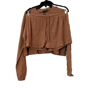 PRETTYLITTLETHING Womens Sz 10 Camel Recycled Rib Long Sleeve Shorts Pajama Set
